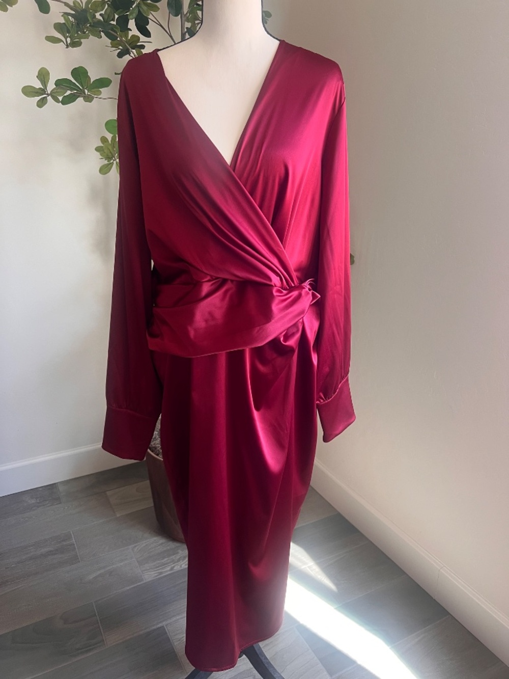 Lane Bryant Women's Burgundy Satin Faux Wrap Dress Long Sleeve Size 18/20